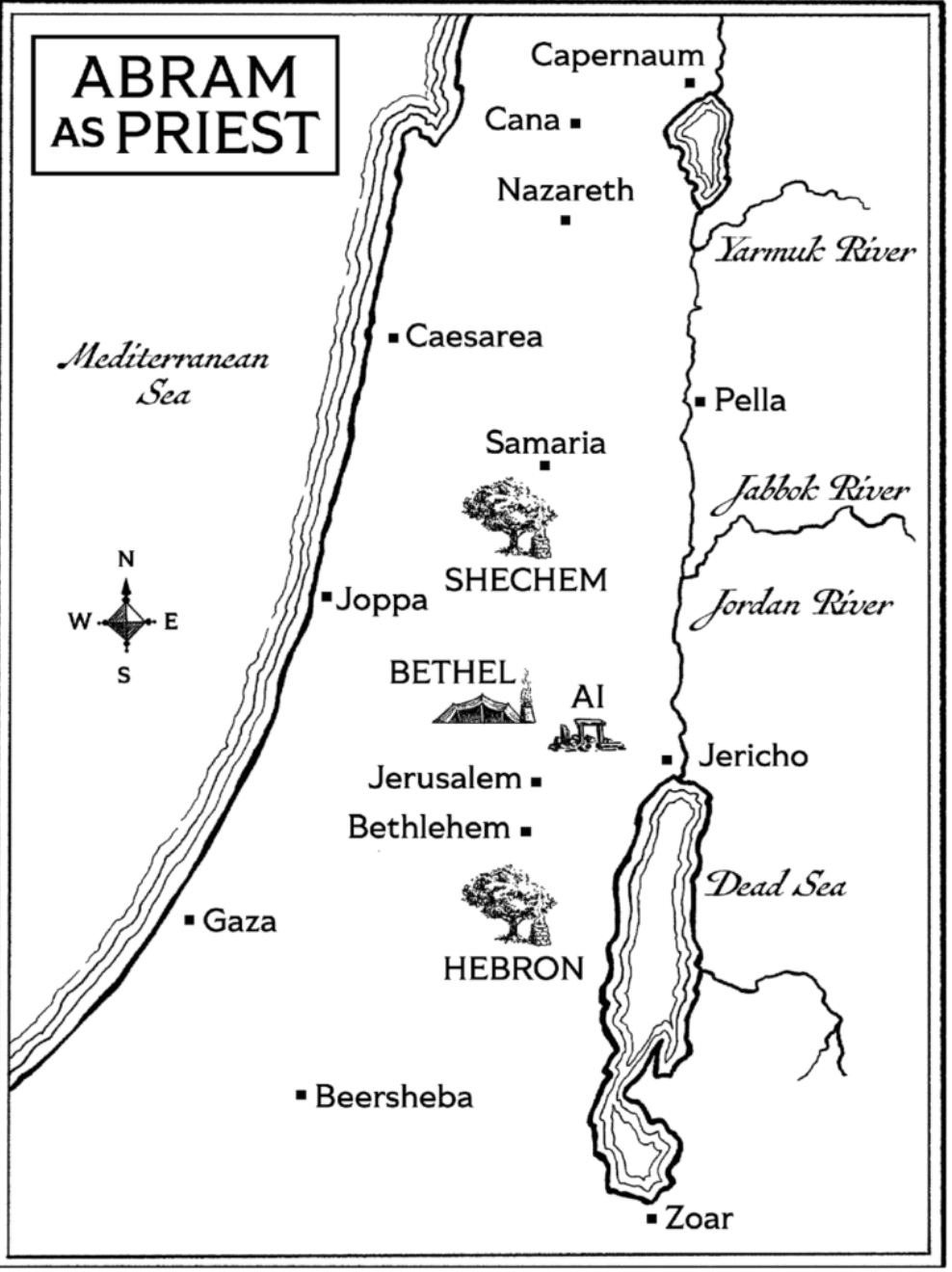 Мапа міст, які відвідав Аврам у Ханаані: Сихем, Бет-Ел, Ай і Хеврон